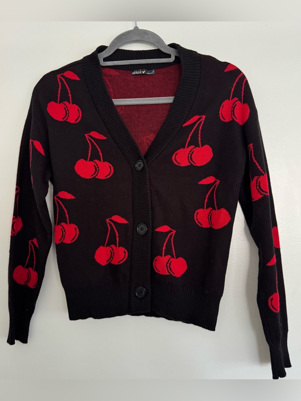 Black Cardigan with Bold Red Cherry Pattern EUC - Nikka K